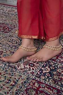 Gold Finish Kundan Polki & Pearl Anklets (Set Of 2)