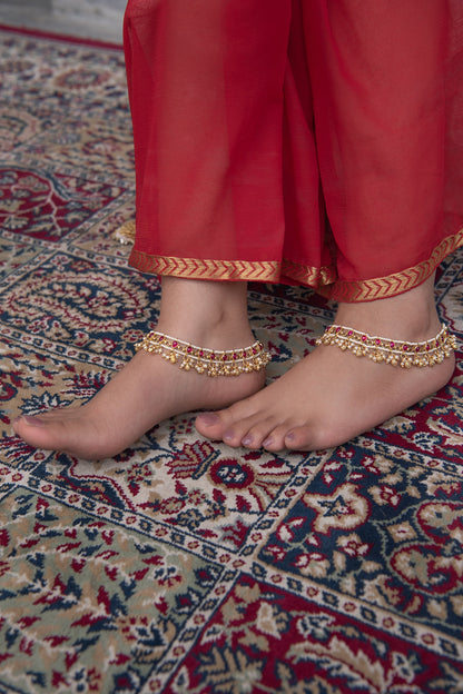 Gold Finish Kundan Polki & Pearl Anklets (Set Of 2)