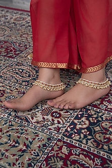 Gold Finish Kundan Polki & Pearl Anklets (Set Of 2)