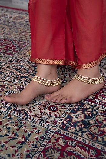 Gold Finish Kundan Polki & Pearl Anklets (Set Of 2)