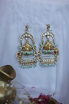 Gold Finish Kundan Polki & Pearl Dangler Earrings