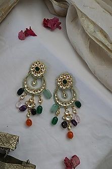 Gold Finish Kundan Polki & Mint Crystal Chandbaali Earrings