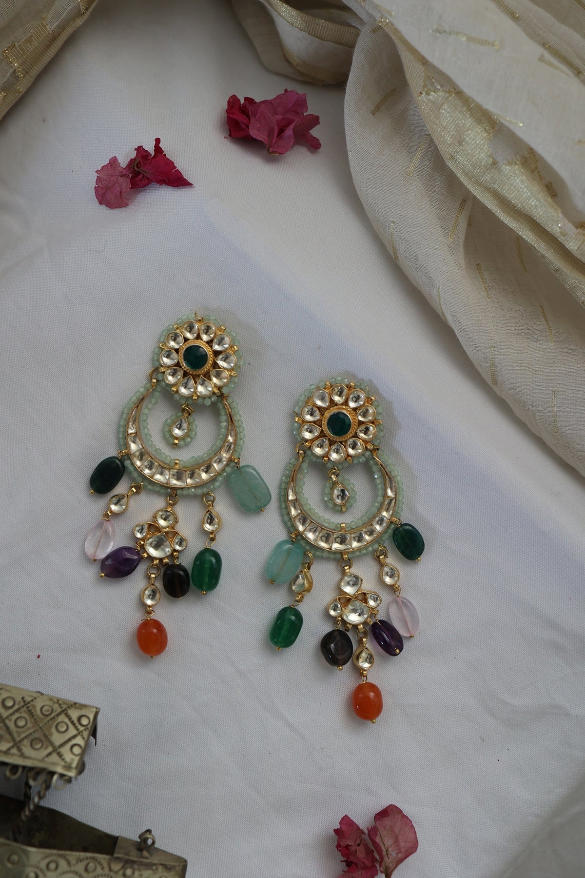Gold Finish Kundan Polki & Mint Crystal Chandbaali Earrings