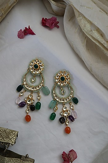 Gold Finish Kundan Polki & Mint Crystal Chandbaali Earrings