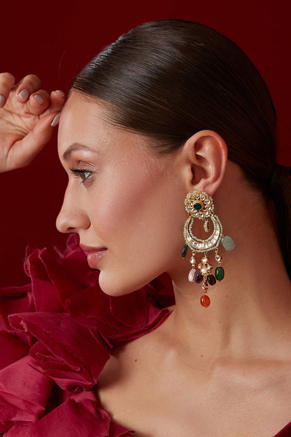 Gold Finish Kundan Polki & Mint Crystal Chandbaali Earrings