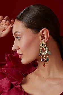 Gold Finish Kundan Polki & Mint Crystal Chandbaali Earrings