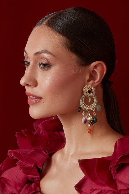 Gold Finish Kundan Polki & Mint Crystal Chandbaali Earrings