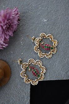 Gold Finish Red & Green Tourmaline Dangler Earrings