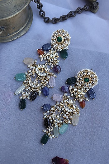 Gold Finish Kundan Polki & Seed Pearl Dangler Earrings