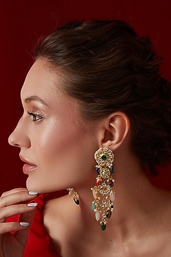 Gold Finish Kundan Polki & Seed Pearl Dangler Earrings