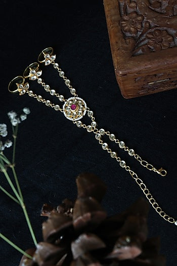 Gold Finish Kundan Polki & Shell Pearl Hathphool