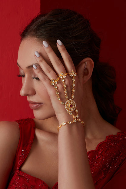 Gold Finish Kundan Polki & Shell Pearl Hathphool