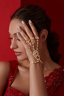 Gold Finish Kundan Polki & Shell Pearl Hathphool