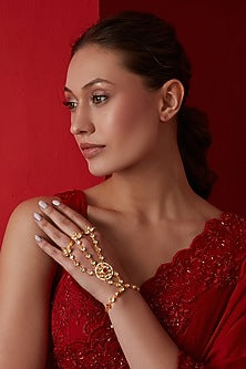 Gold Finish Kundan Polki & Shell Pearl Hathphool