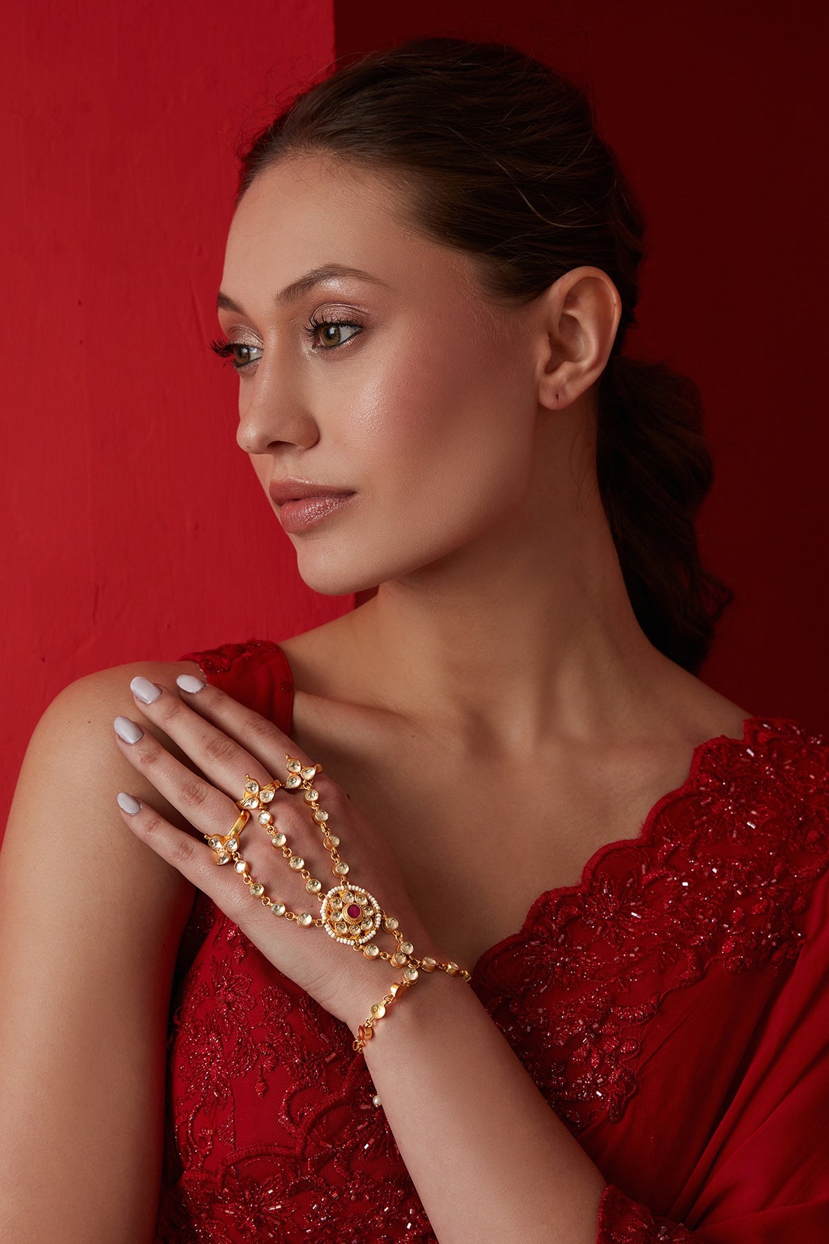 Gold Finish Kundan Polki & Shell Pearl Hathphool