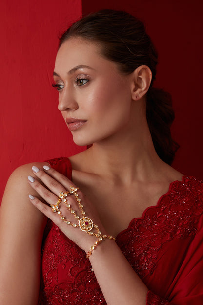Gold Finish Kundan Polki & Shell Pearl Hathphool