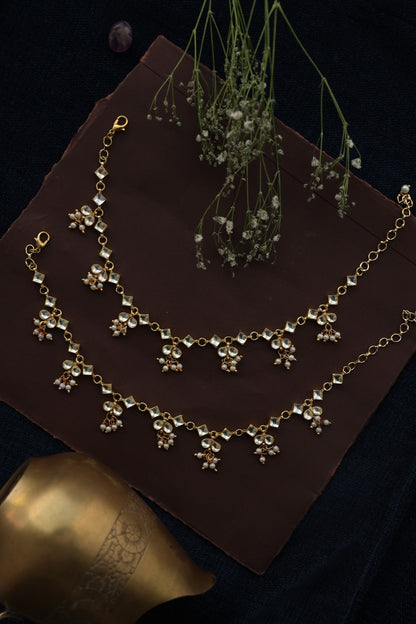 Gold Finish Kundan & Shell Pearl Anklets
