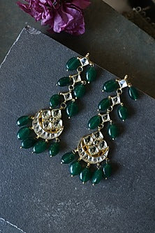 Gold Finish Kundan & Green Natural Stone Dangler Earrings