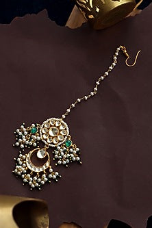 Gold Finish Kundan & Shell Pearl Maangtikka