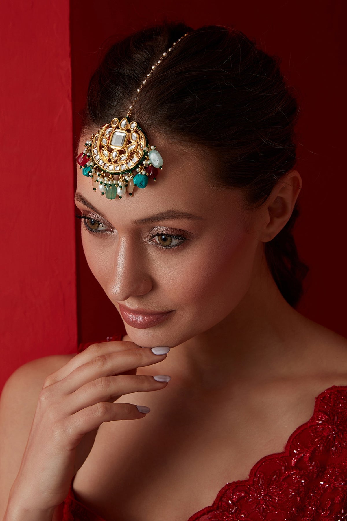 Gold Finish Kundan & Multi-Colored Stone Maangtikka