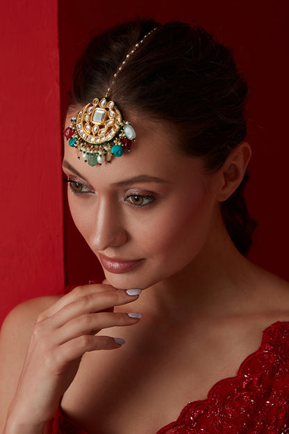 Gold Finish Kundan & Multi-Colored Stone Maangtikka
