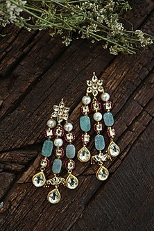 Gold Finish Kundan & Green Stone Dangler Earrings