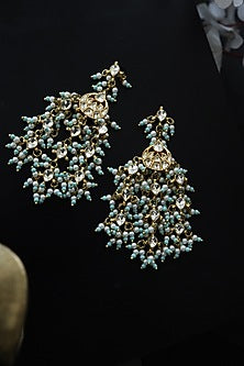 Gold Finish Kundan & Turquoise Bead Dangler Earrings