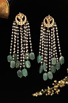 Gold Finish Kundan & Mint Natural Stone Dangler Earrings