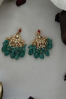 Gold Finish Kundan & Green Natural Stone Dangler Earrings
