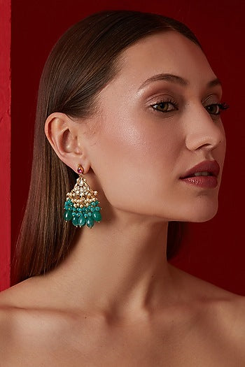 Gold Finish Kundan & Green Natural Stone Dangler Earrings