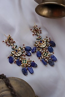 Gold Finish Kundan & Blue Lapis Lazuli Stone Dangler Earrings