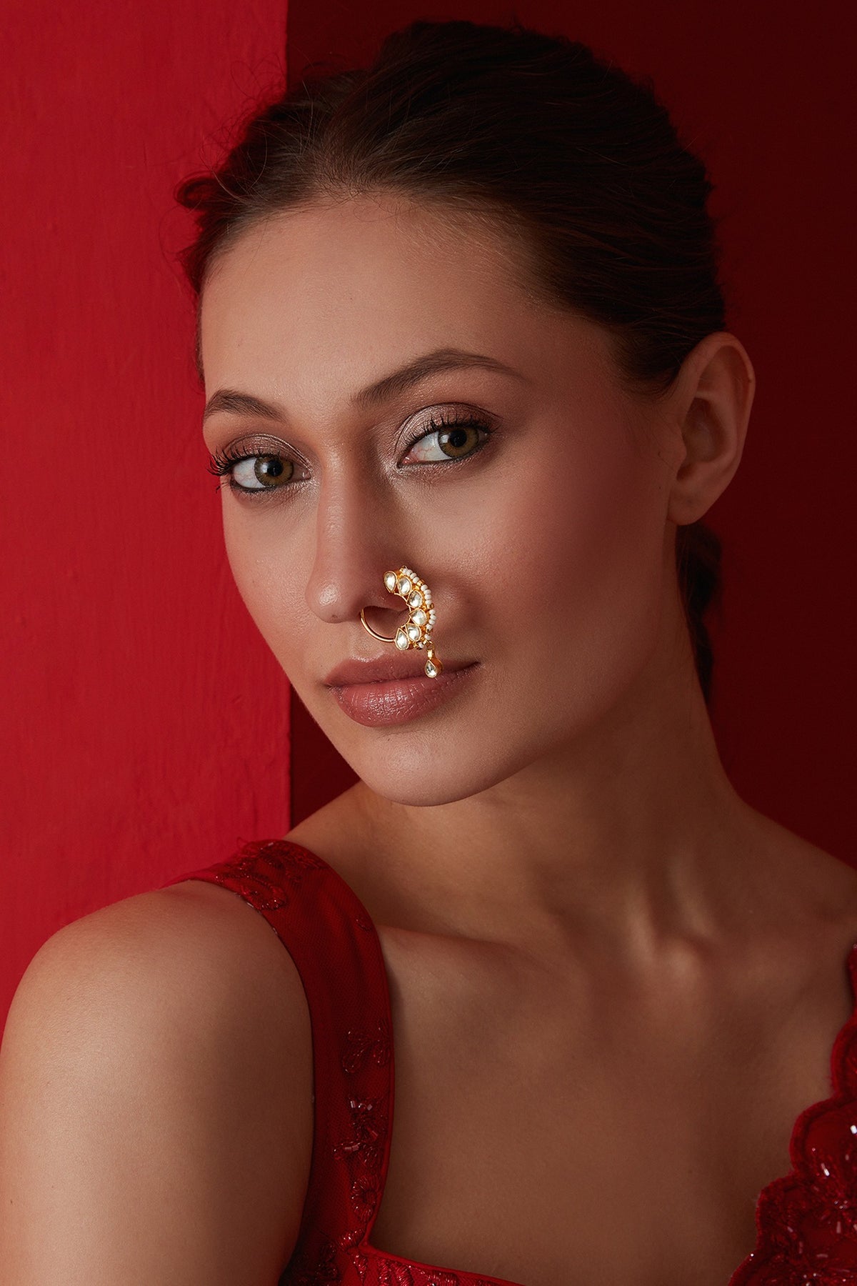 Gold Finish Kundan & Shell Pearl Nosepin