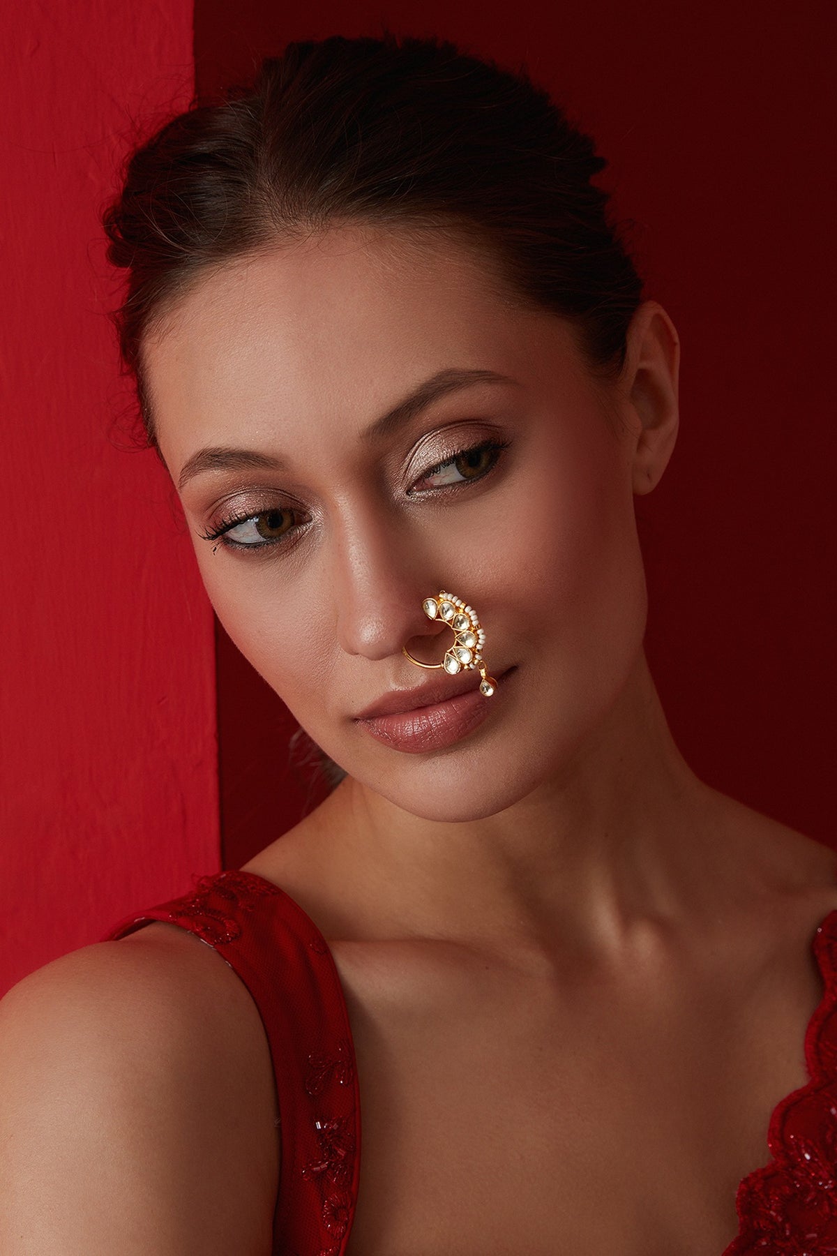 Gold Finish Kundan & Shell Pearl Nosepin