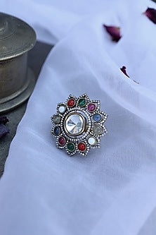 Gold Finish Kundan & Navratna Stone Ring