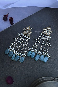 Gold Finish Kundan & Green Bead Dangler Earrings