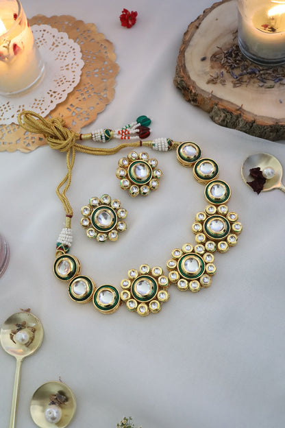 Gold Finish Kundan Polki Necklace Set
