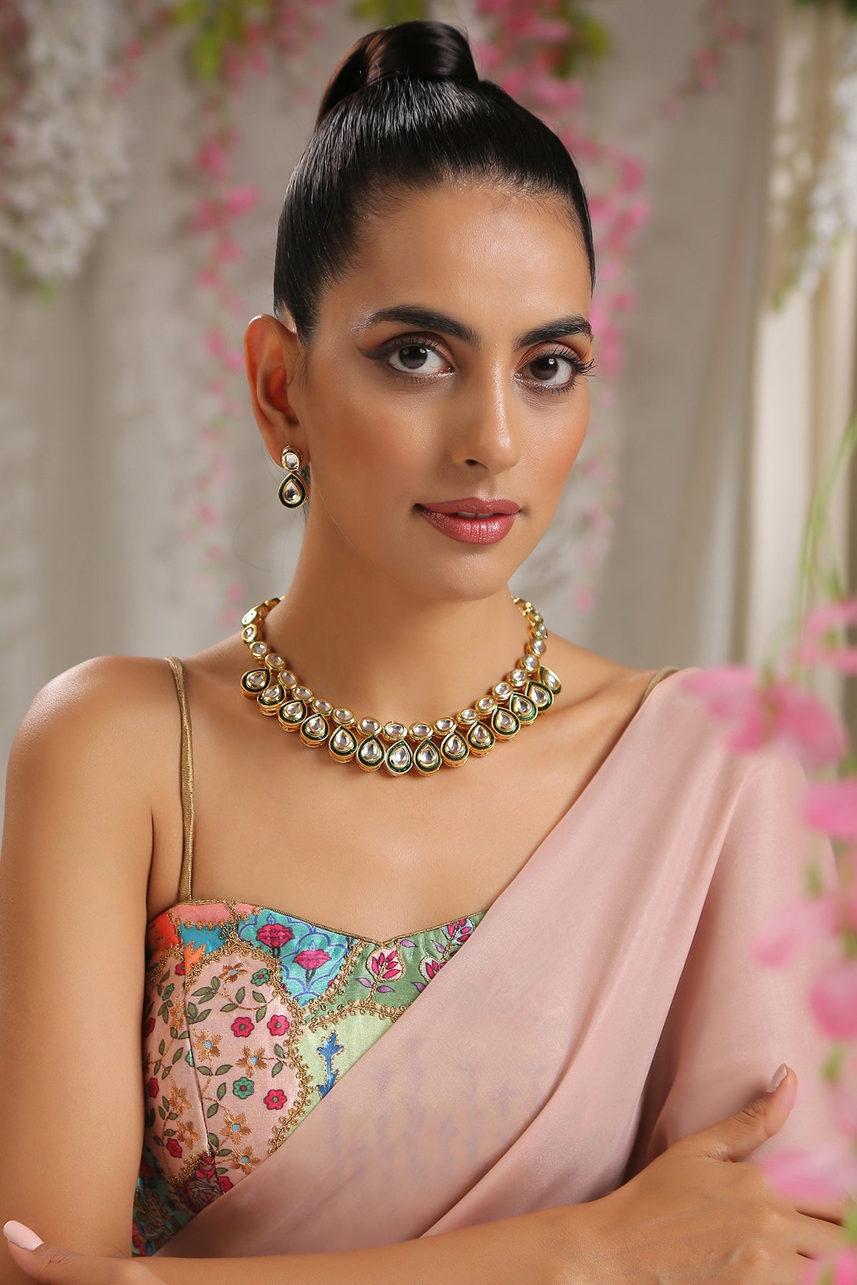 Gold Finish Kundan Polki Floral Necklace Set