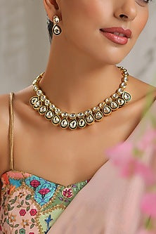 Gold Finish Kundan Polki Floral Necklace Set