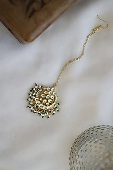 Gold Finish Kundan Polki & Pearls Handcrafted Floral Maang Tikka