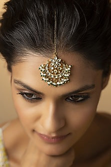 Gold Finish Kundan Polki & Pearls Handcrafted Floral Maang Tikka