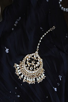 Gold Finish Kundan Polki & Pearls Handcrafted Floral Maang Tikka