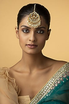 Gold Finish Kundan Polki & Pearls Handcrafted Floral Maang Tikka