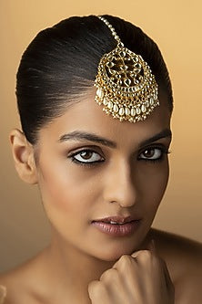 Gold Finish Kundan Polki & Pearls Handcrafted Floral Maang Tikka