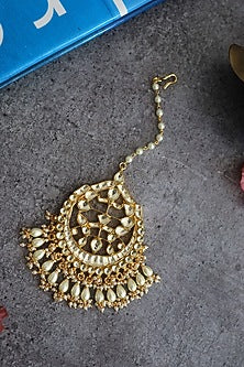 Gold Finish Kundan Polki & Pearls Handcrafted Floral Maang Tikka