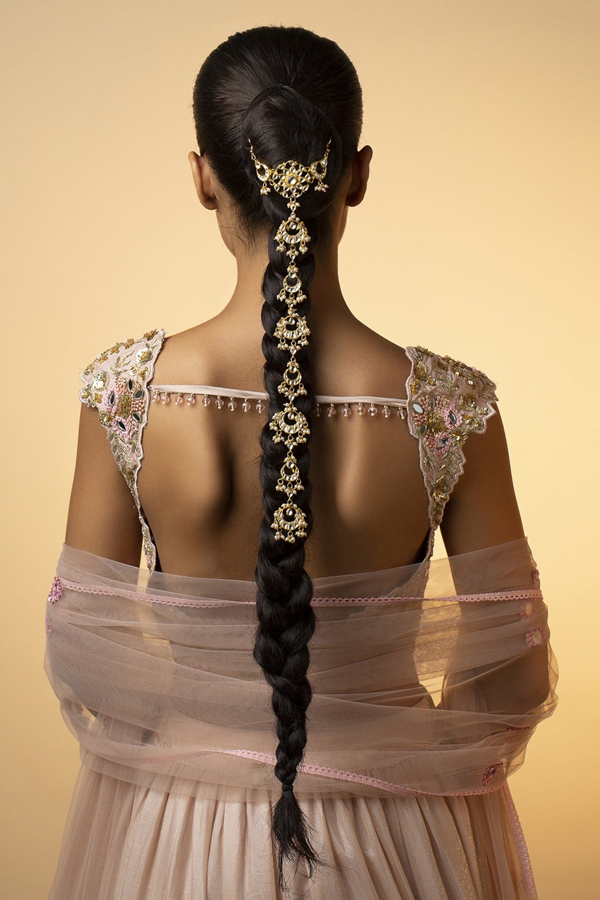 Gold Plated Kundan Polki & Shell Pearls Handcrafted Braid Pin