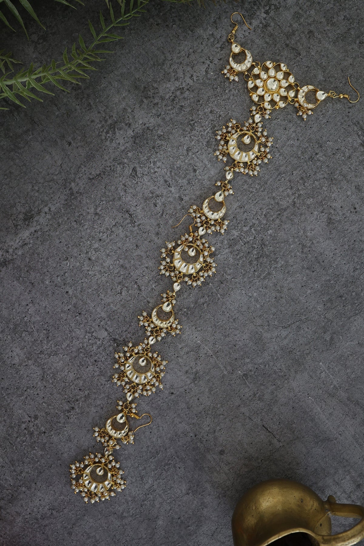 Gold Plated Kundan Polki & Shell Pearls Handcrafted Braid Pin