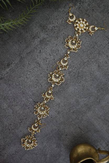 Gold Plated Kundan Polki & Shell Pearls Handcrafted Braid Pin