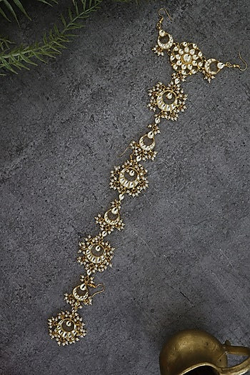 Gold Plated Kundan Polki & Shell Pearls Handcrafted Braid Pin