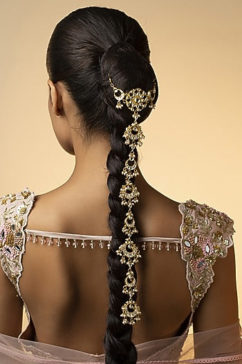 Gold Plated Kundan Polki & Shell Pearls Handcrafted Braid Pin