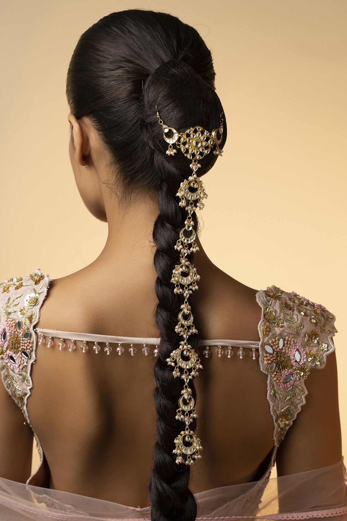 Gold Plated Kundan Polki & Shell Pearls Handcrafted Braid Pin
